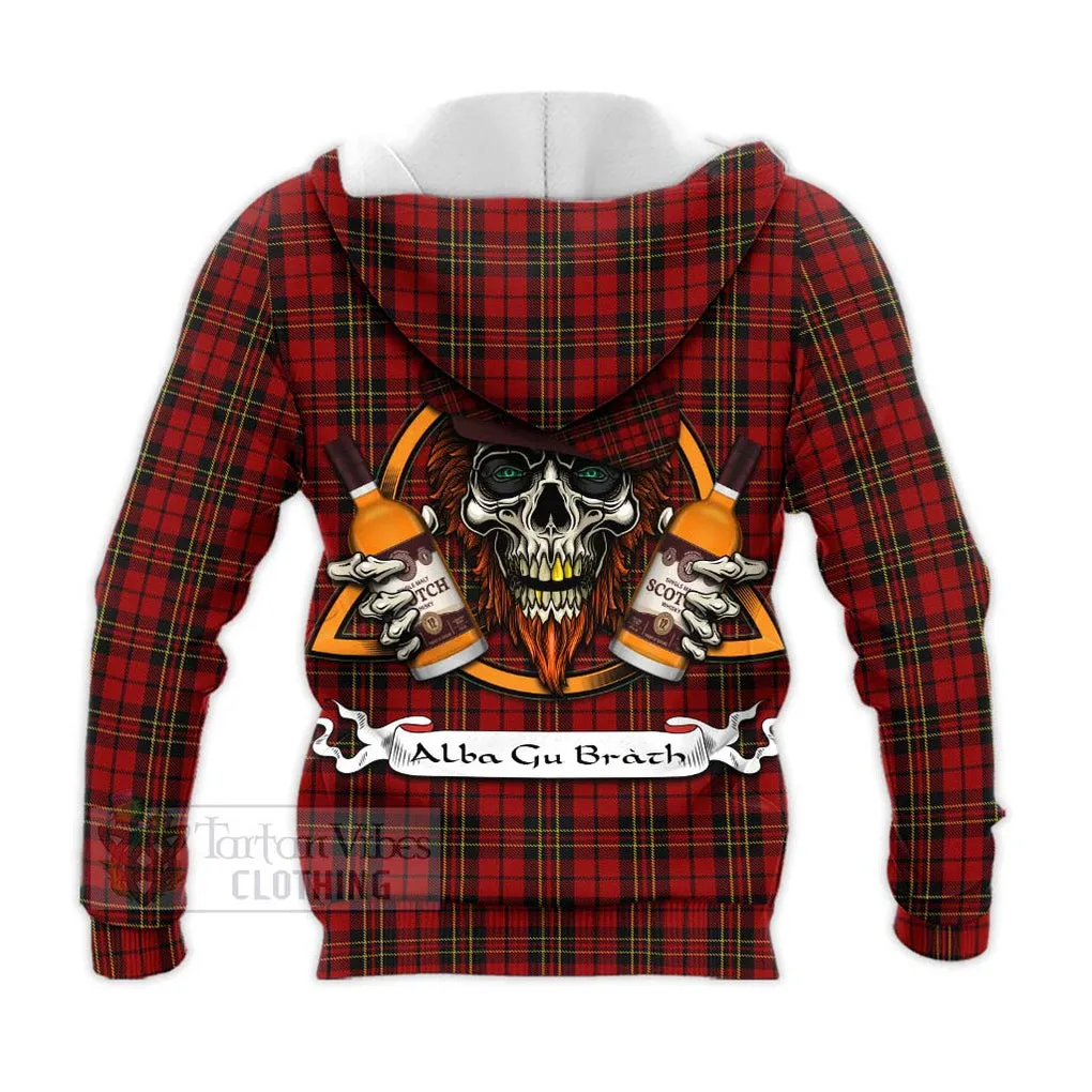 Brodie Tartan Knitted Hoodie with Family Crest and Bearded Skull Holding Bottles of Whiskey