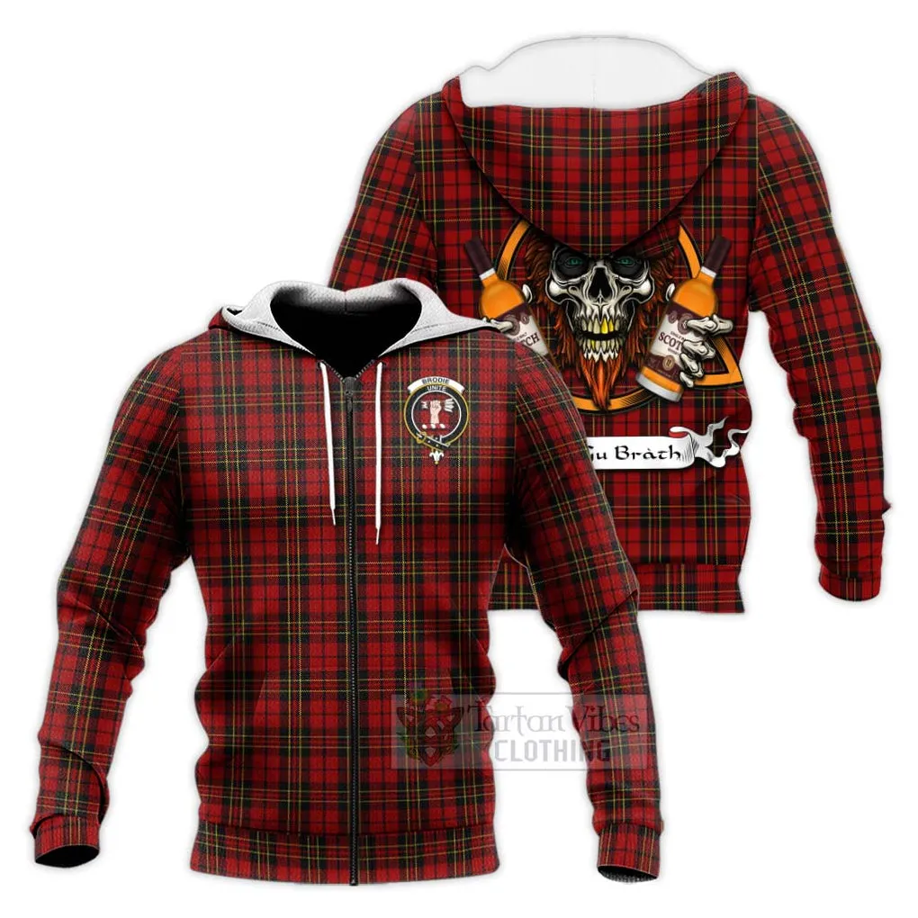 Brodie Tartan Knitted Hoodie with Family Crest and Bearded Skull Holding Bottles of Whiskey