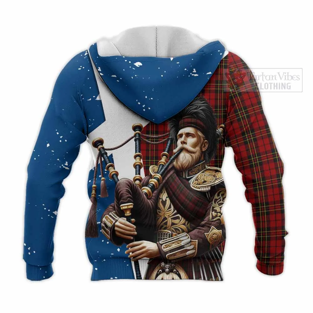 Brodie Tartan Knitted Hoodie with Family Crest Scottish Bagpiper Vibes