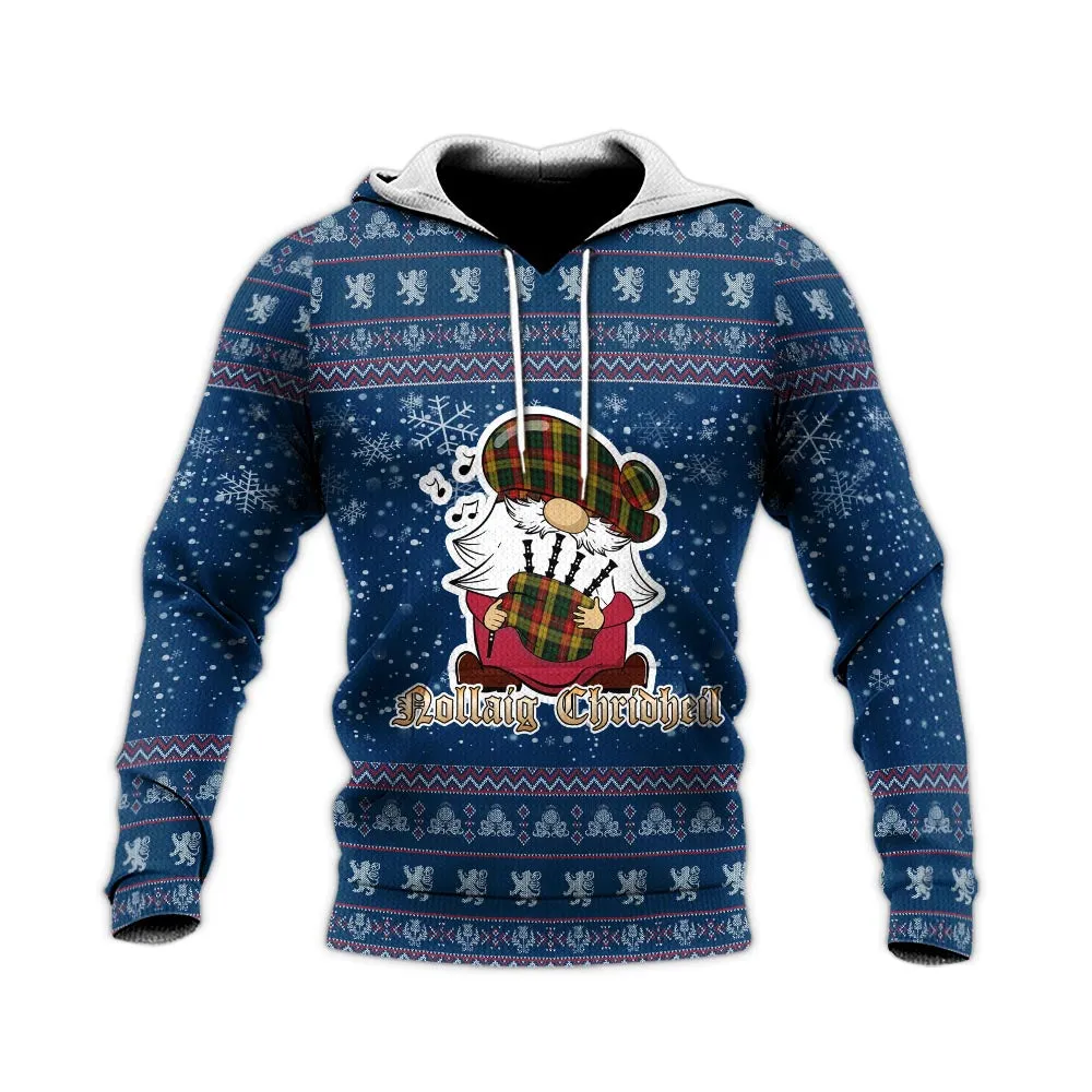 Buchanan Clan Christmas Knitted Hoodie with Funny Gnome Playing Bagpipes