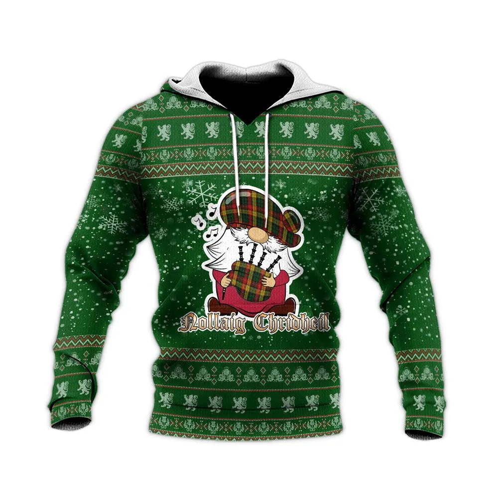 Buchanan Clan Christmas Knitted Hoodie with Funny Gnome Playing Bagpipes