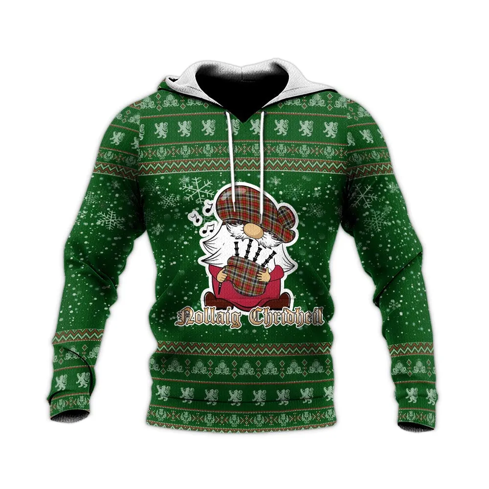 Buchanan Old Dress Clan Christmas Knitted Hoodie with Funny Gnome Playing Bagpipes