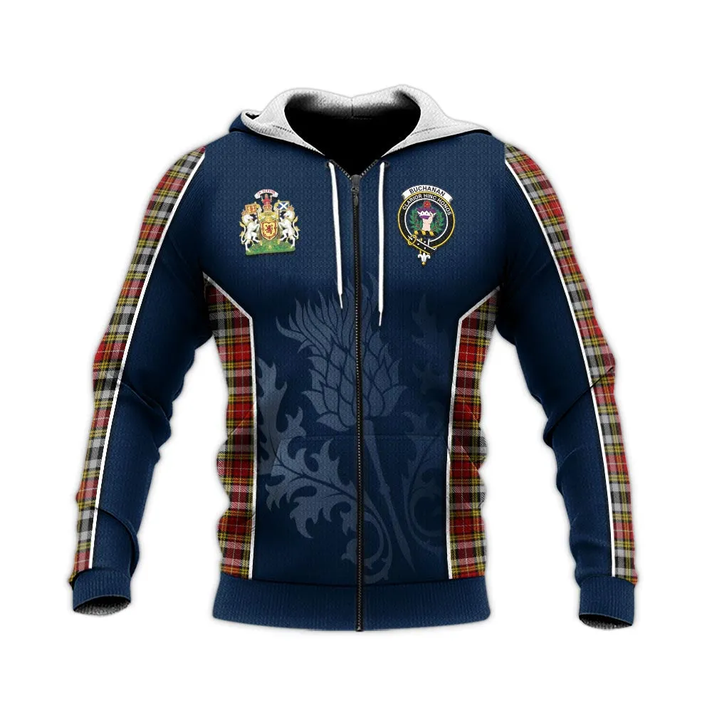 Buchanan Old Dress Tartan Knitted Hoodie with Family Crest and Scottish Thistle Vibes Sport Style