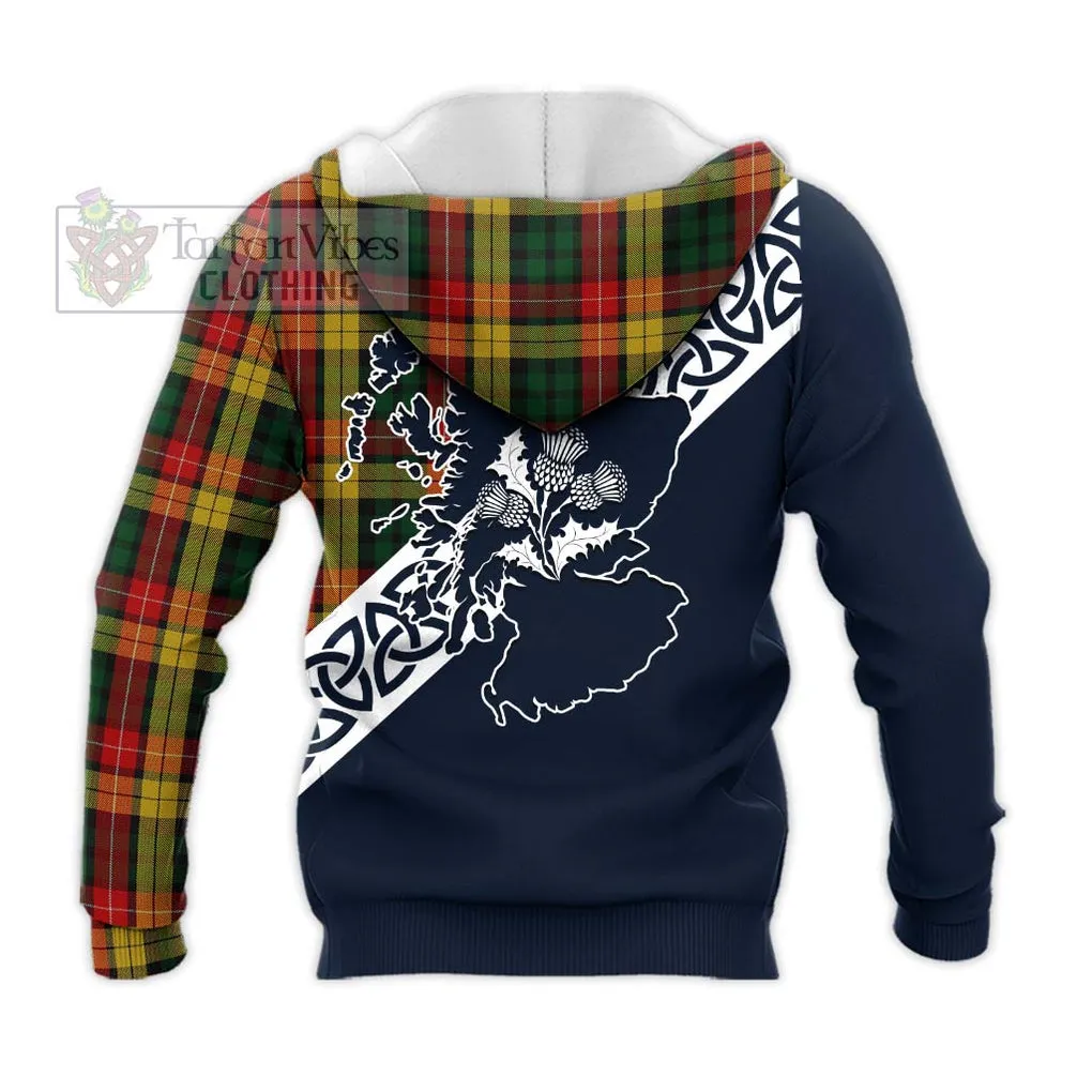 Buchanan Tartan Knitted Hoodie Featuring Thistle and Scotland Map