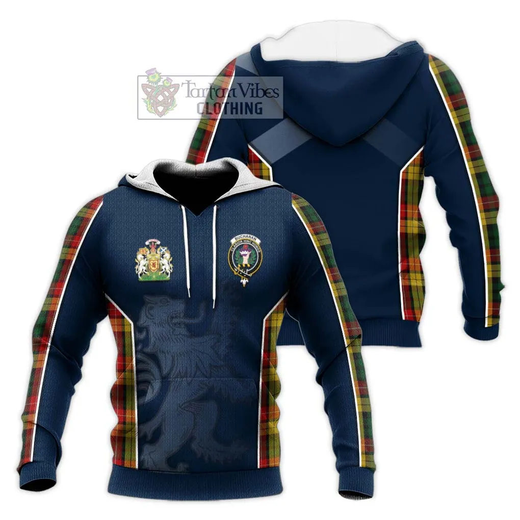 Buchanan Tartan Knitted Hoodie with Family Crest and Lion Rampant Vibes Sport Style