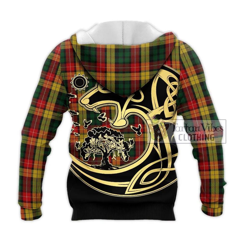 Buchanan Tartan Knitted Hoodie with Family Crest Celtic Wolf Style