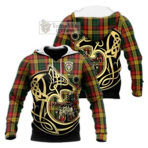 Buchanan Tartan Knitted Hoodie with Family Crest Celtic Wolf Style