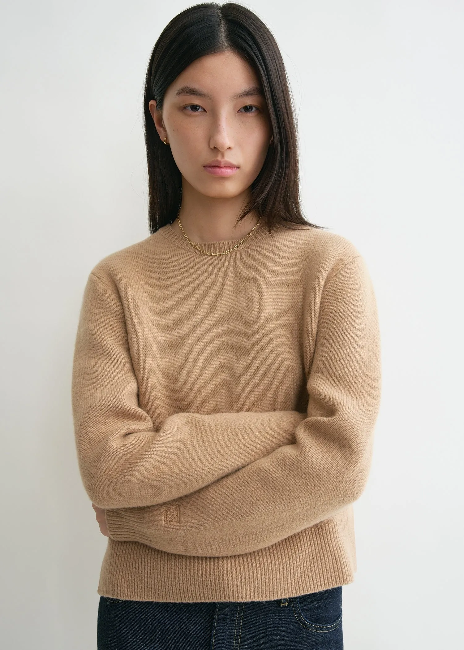 Cropped crew-neck knit camel