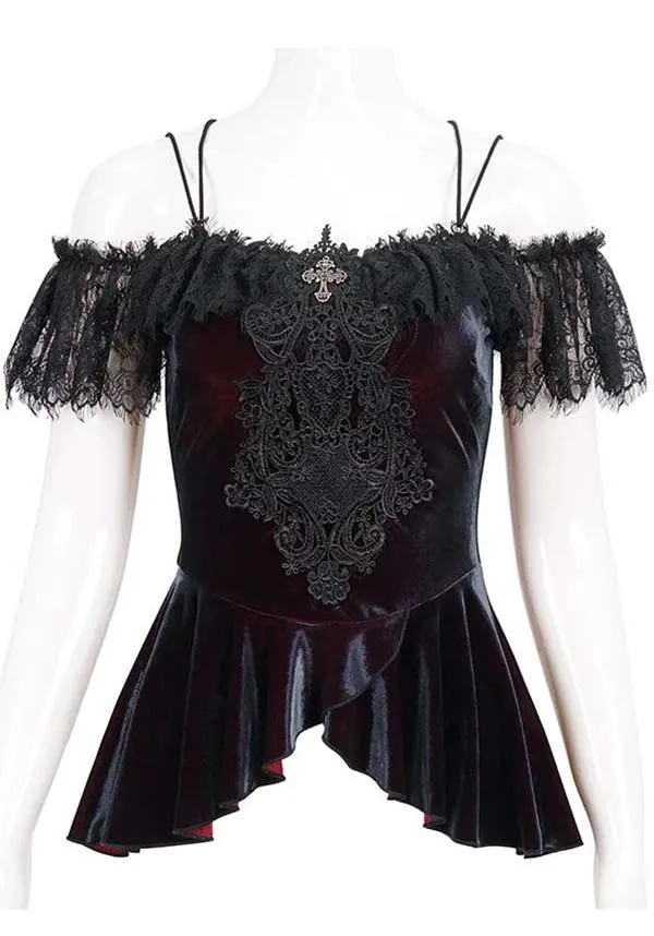 Devil Fashion Gothic Velvet Off-Shoulder Top - Black with Lace Trim and Cross Pendant