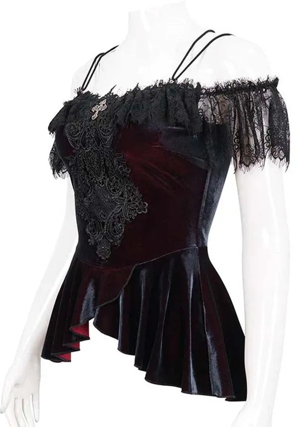 Devil Fashion Gothic Velvet Off-Shoulder Top - Black with Lace Trim and Cross Pendant