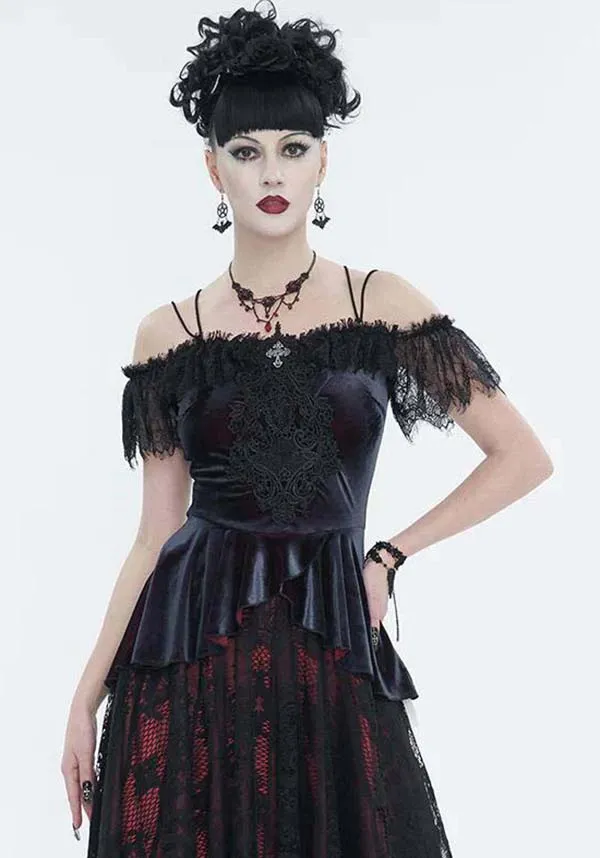 Devil Fashion Gothic Velvet Off-Shoulder Top - Black with Lace Trim and Cross Pendant