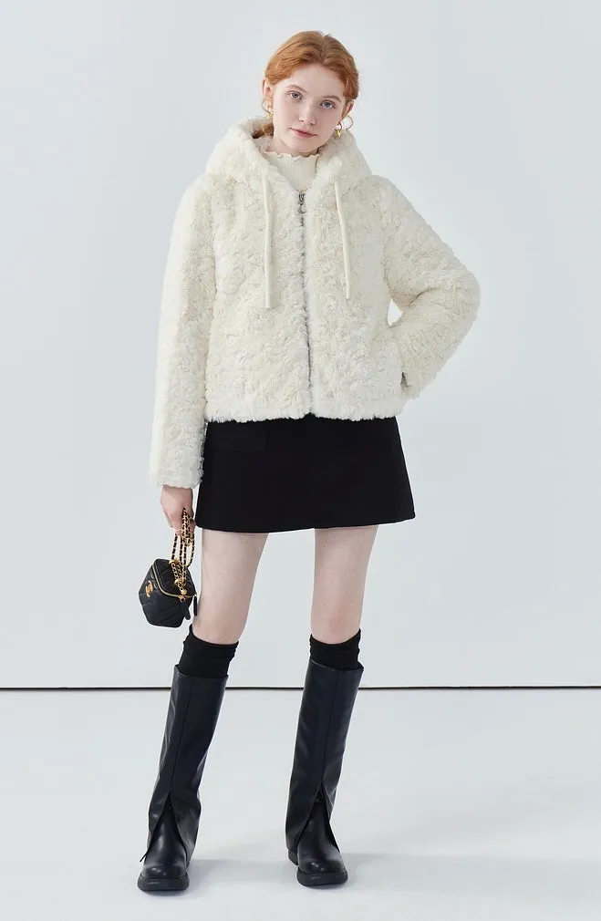 Drawstring hooded faux fur coat for women winter new thickened white jacket