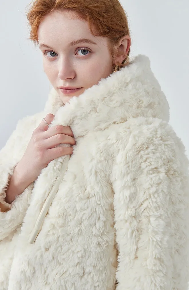 Drawstring hooded faux fur coat for women winter new thickened white jacket