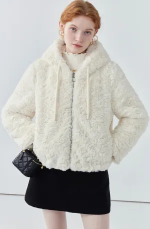 Drawstring hooded faux fur coat for women winter new thickened white jacket