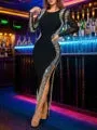 Elegant Diamonds Velvet Long Party Dress for Women Sexy Deep V Evening Gown Formal Black Slim Dress Robe