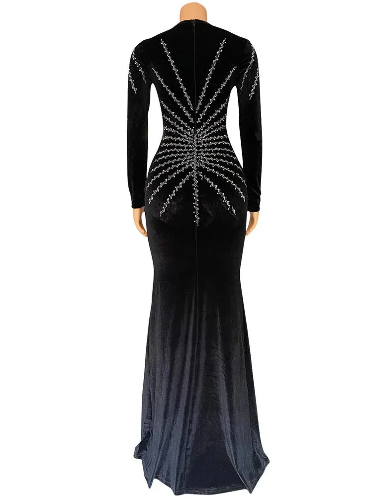 Elegant Diamonds Velvet Long Party Dress for Women Sexy Deep V Evening Gown Formal Black Slim Dress Robe