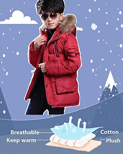 FARVALUE Boy Winter Coat Warm Quilted Puffer Water Resistant Parka Jacket with Detachable Fur Hood for Big Boys Black 6-7 Years