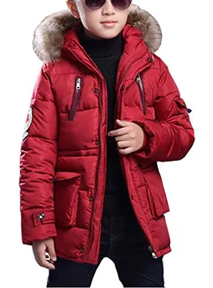 FARVALUE Boy Winter Coat Warm Quilted Puffer Water Resistant Parka Jacket with Detachable Fur Hood for Big Boys Black 6-7 Years