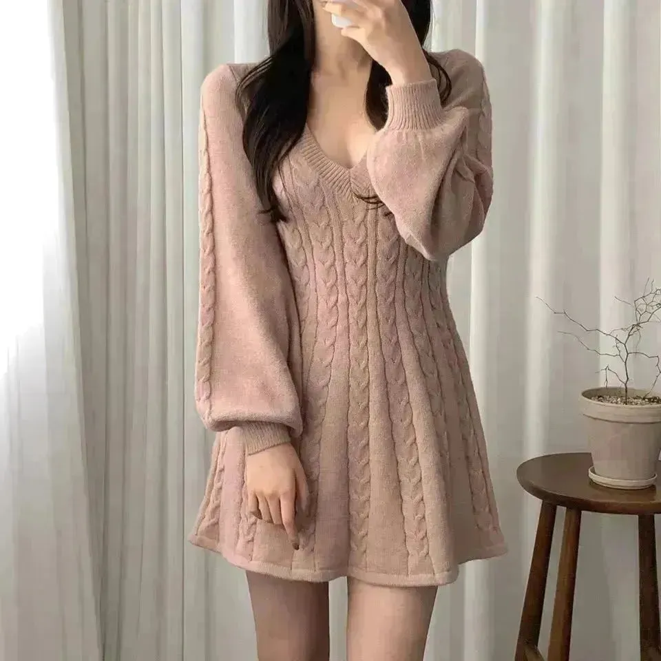 Fashionable Autumn Winter Mini Flared Knitted Sweater Dress