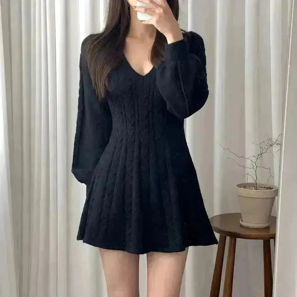 Fashionable Autumn Winter Mini Flared Knitted Sweater Dress