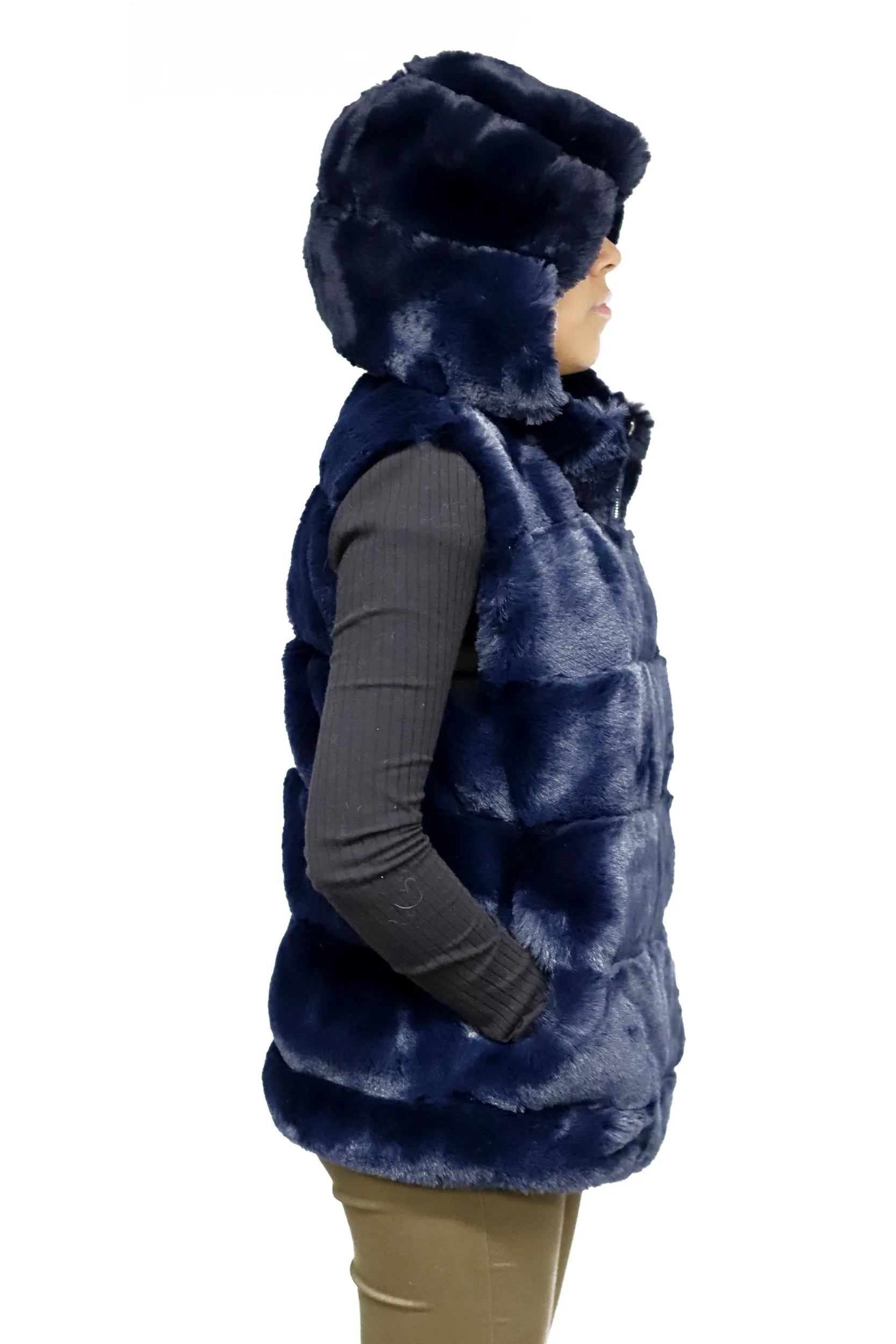 FAUX FUR HOODED VEST- NAVY