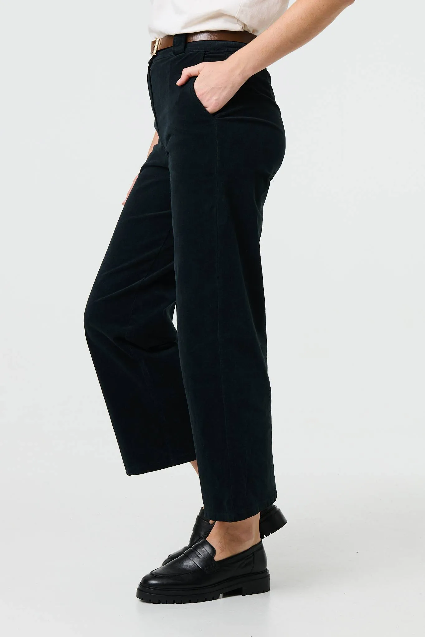 Faux Leather Belt Corduroy Trousers