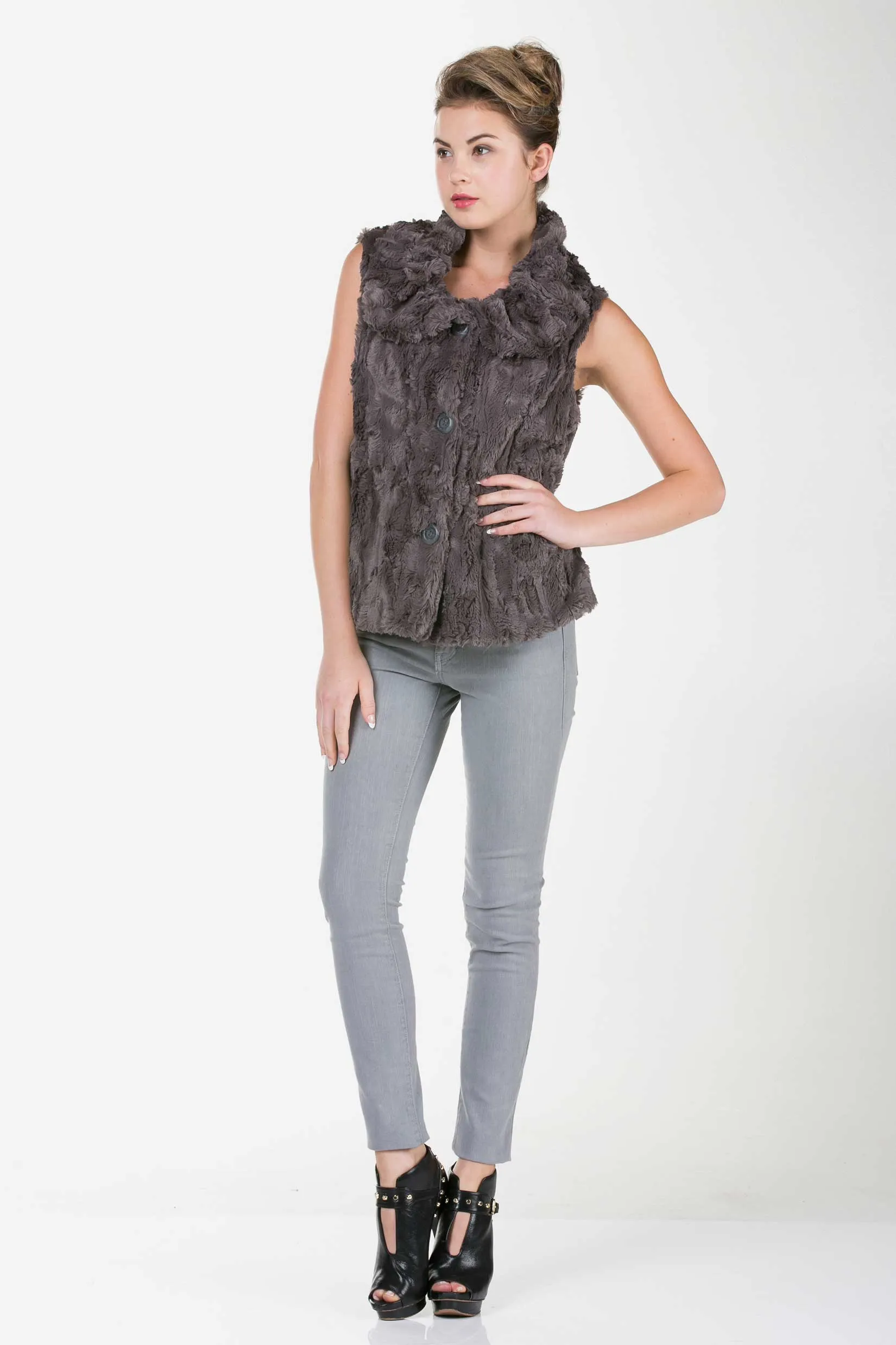 Flare Faux Fur Button Down Vest