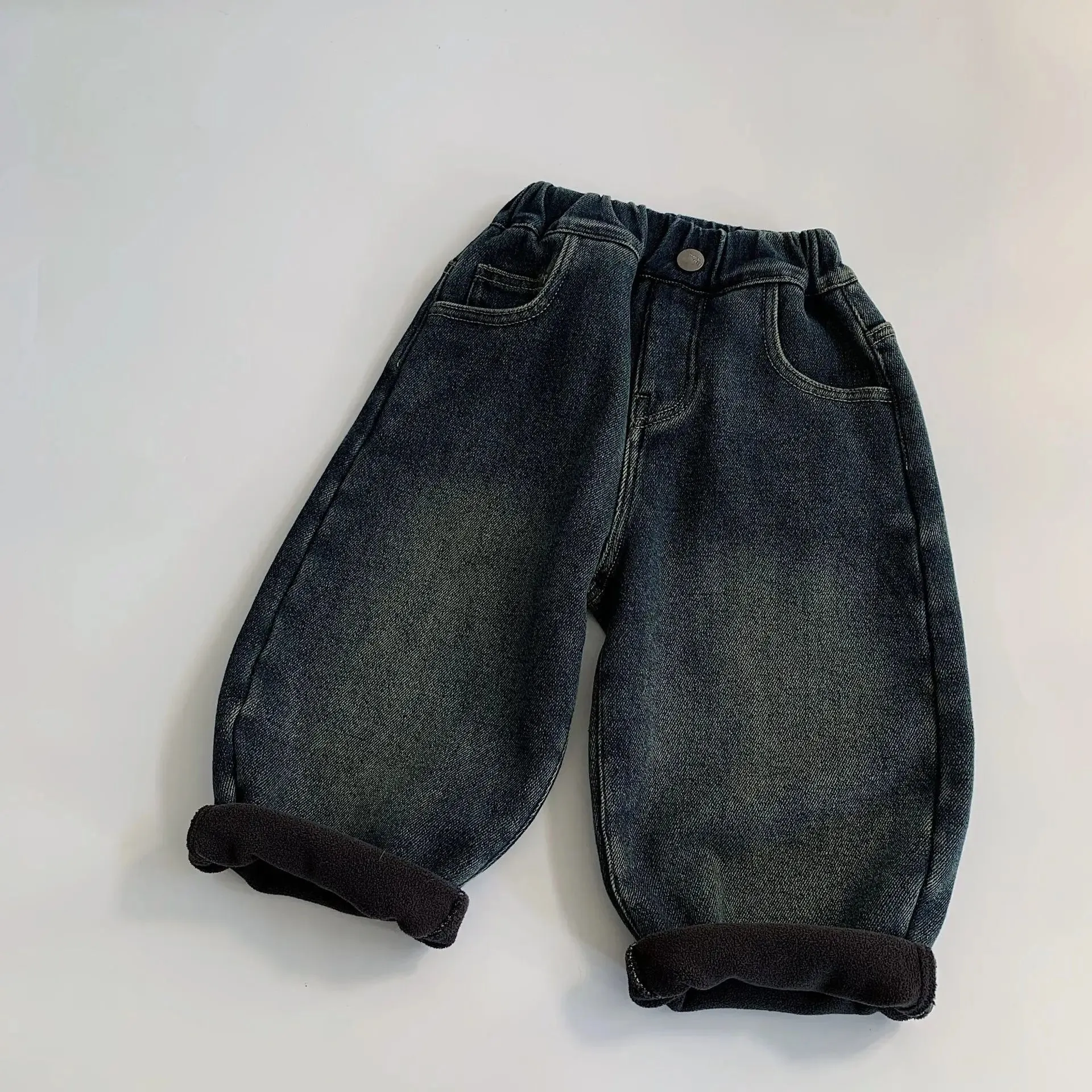 Fleece-Lined Cartoon-Pocket Denim Pants