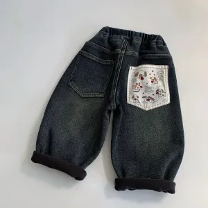 Fleece-Lined Cartoon-Pocket Denim Pants