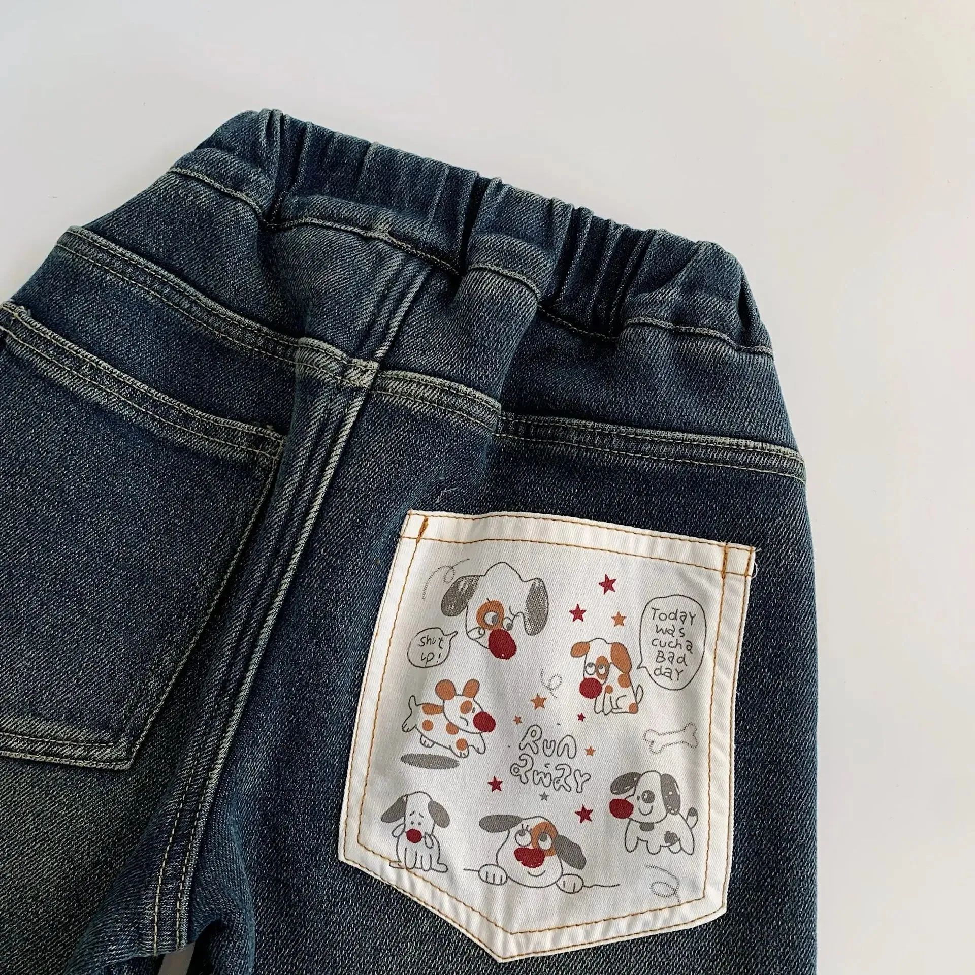 Fleece-Lined Cartoon-Pocket Denim Pants