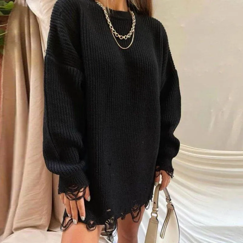 Fuzzy Torn Knitted Sweater Dress