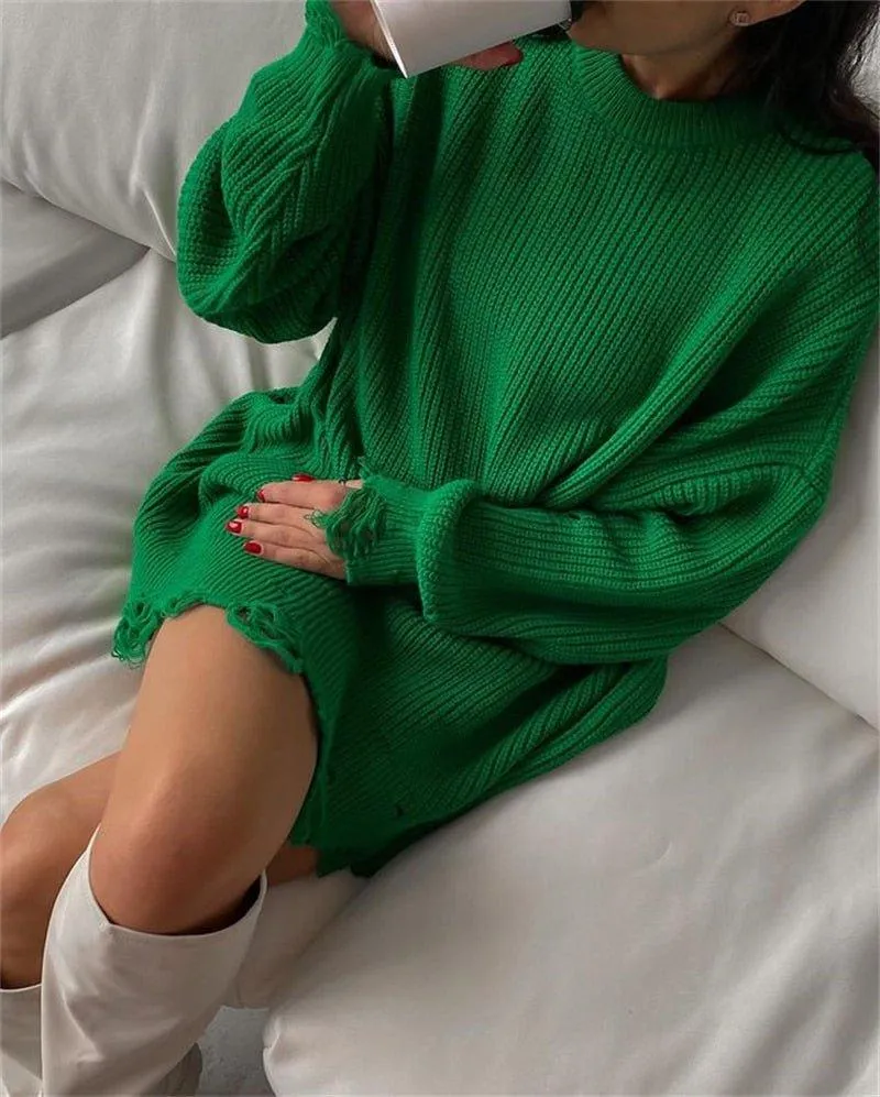 Fuzzy Torn Knitted Sweater Dress