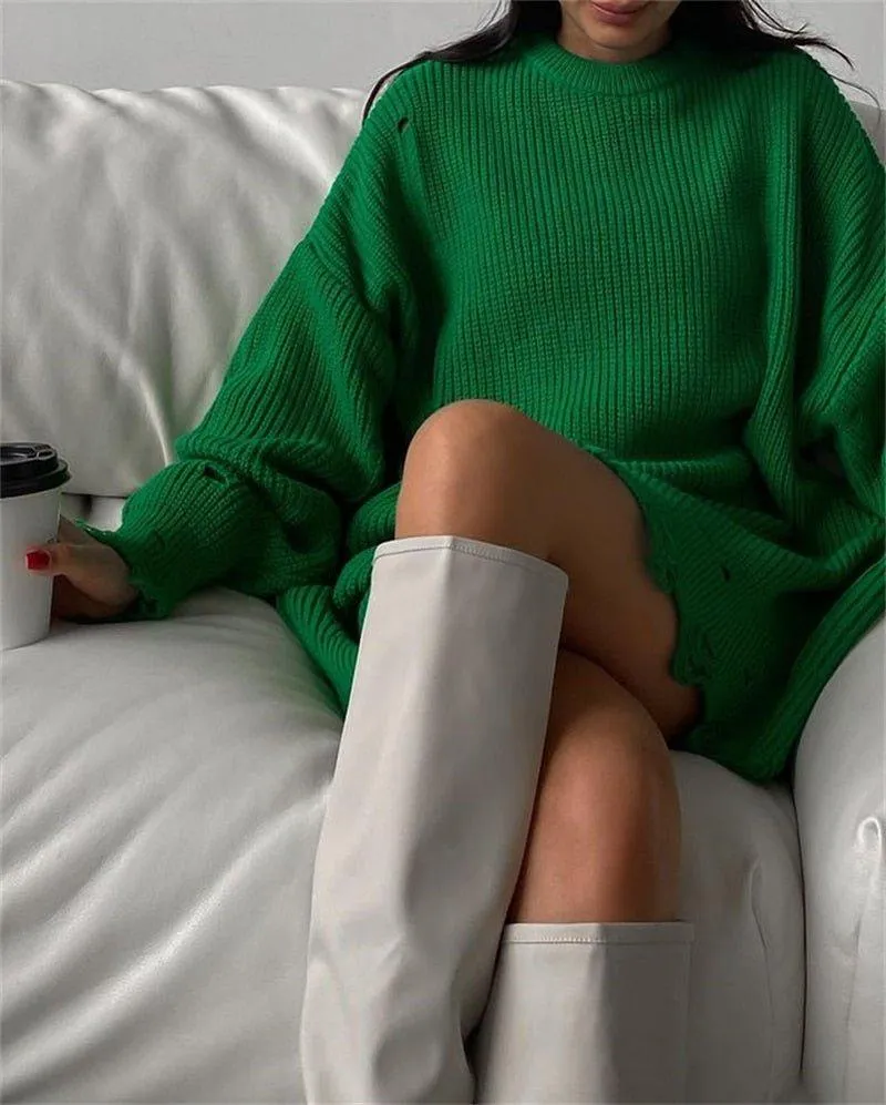 Fuzzy Torn Knitted Sweater Dress