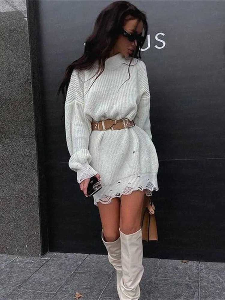 Fuzzy Torn Knitted Sweater Dress