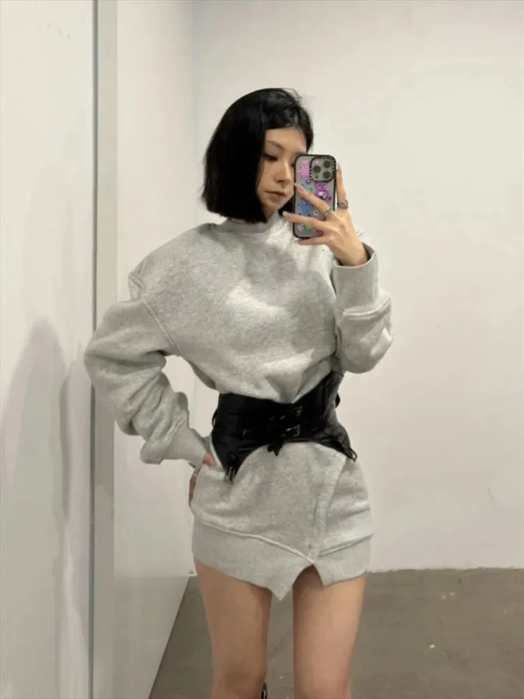 Girlary American Retro Spice Girl Knitted Dress Women Casual Grey Long Sleeve Short Hoodie Dress   Slim Black Belt Autumn 2 Piece Set