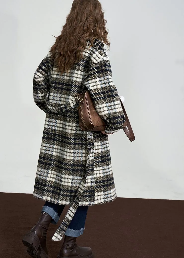 Gray Plaid Single Breasted Wool Blend Coat