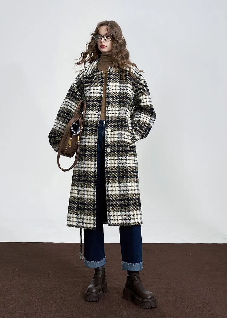 Gray Plaid Single Breasted Wool Blend Coat