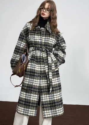 Gray Plaid Single Breasted Wool Blend Coat