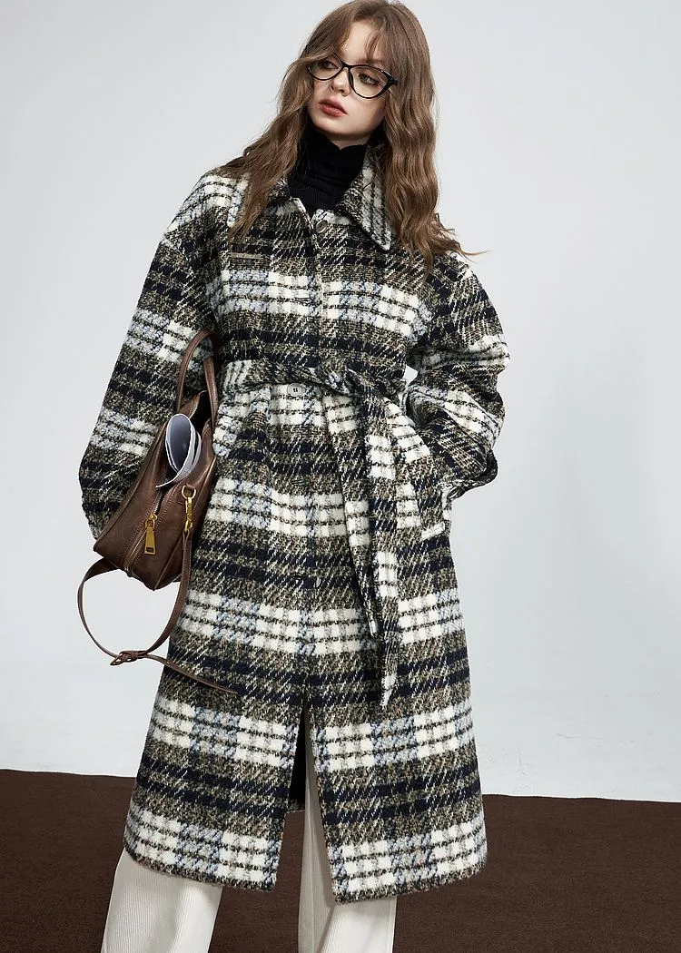 Gray Plaid Single Breasted Wool Blend Coat