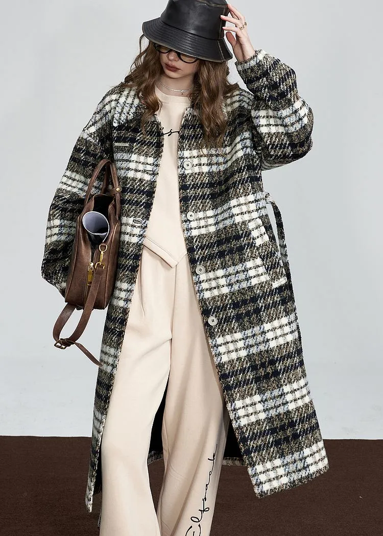 Gray Plaid Single Breasted Wool Blend Coat