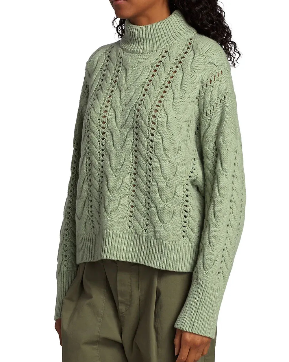 Green Melon Cashmere Cable Knit Mockneck Sweater