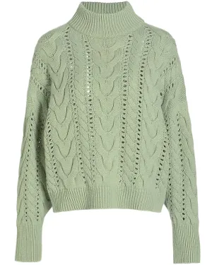 Green Melon Cashmere Cable Knit Mockneck Sweater