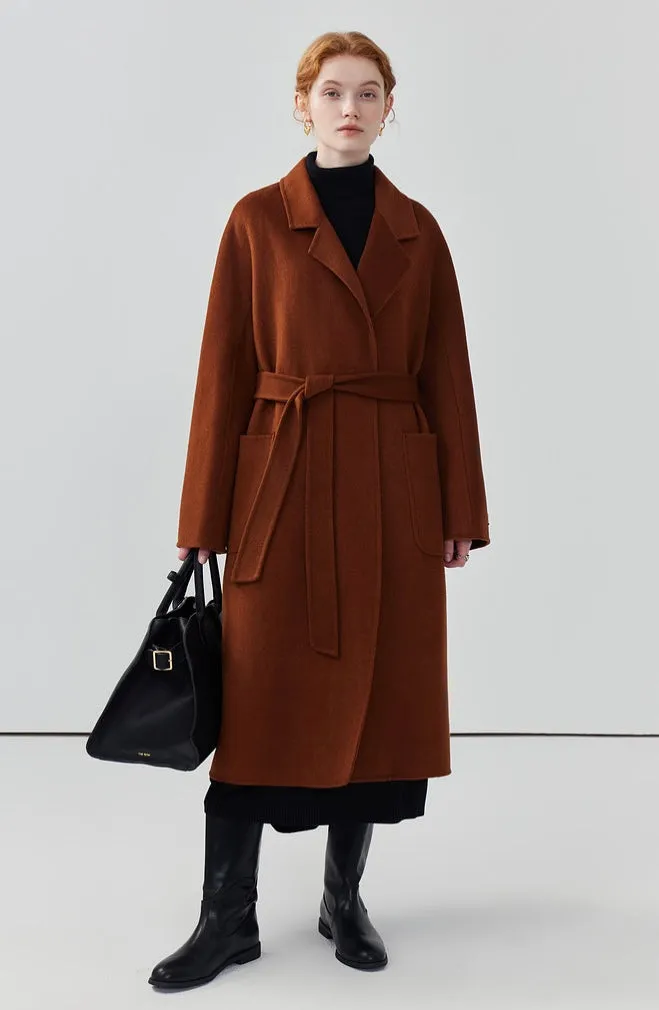 Hepburn style double-sided woolen coat, women cashmere wool solid color long coat