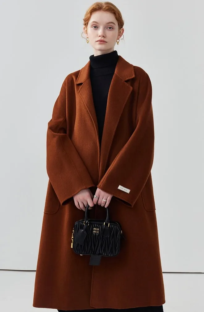 Hepburn style double-sided woolen coat, women cashmere wool solid color long coat