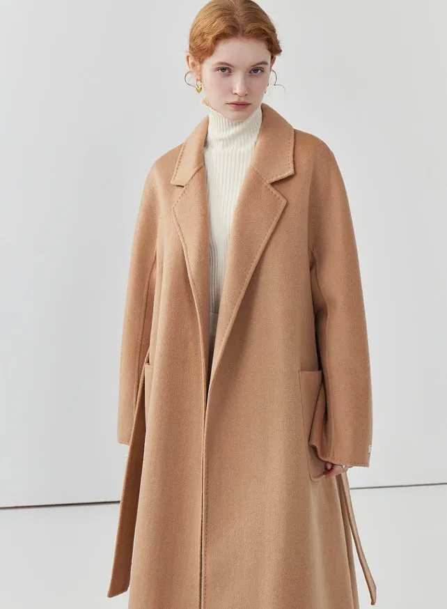 Hepburn style double-sided woolen coat, women cashmere wool solid color long coat