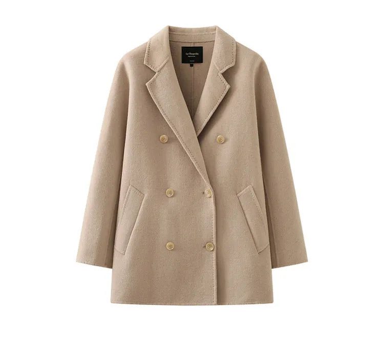 High-end suit collar double-sided woolen coat for women autumn solid color wool coat