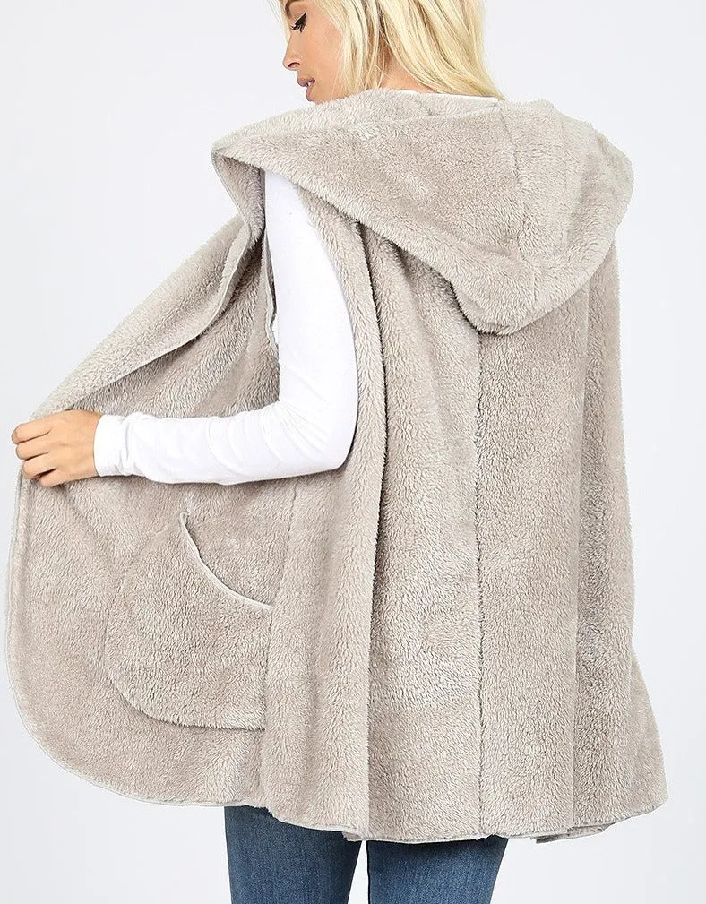 Hooded Faux Fur Cocoon Vest with Side Pockets