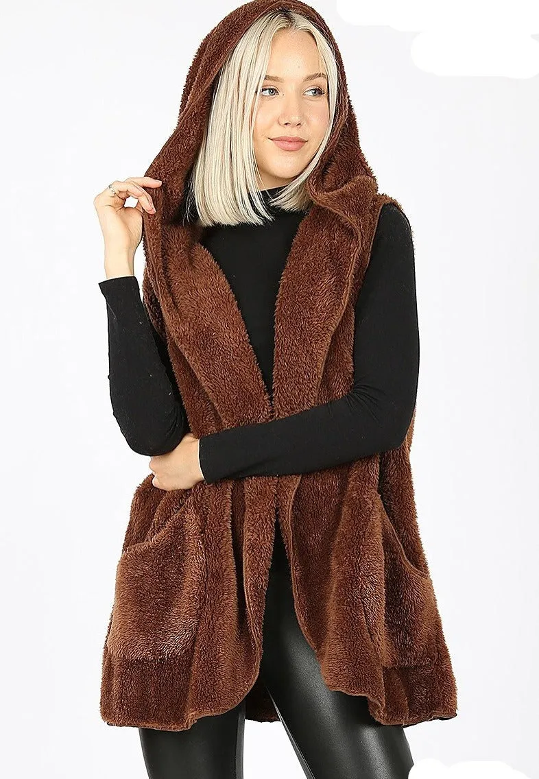 Hooded Faux Fur Cocoon Vest with Side Pockets