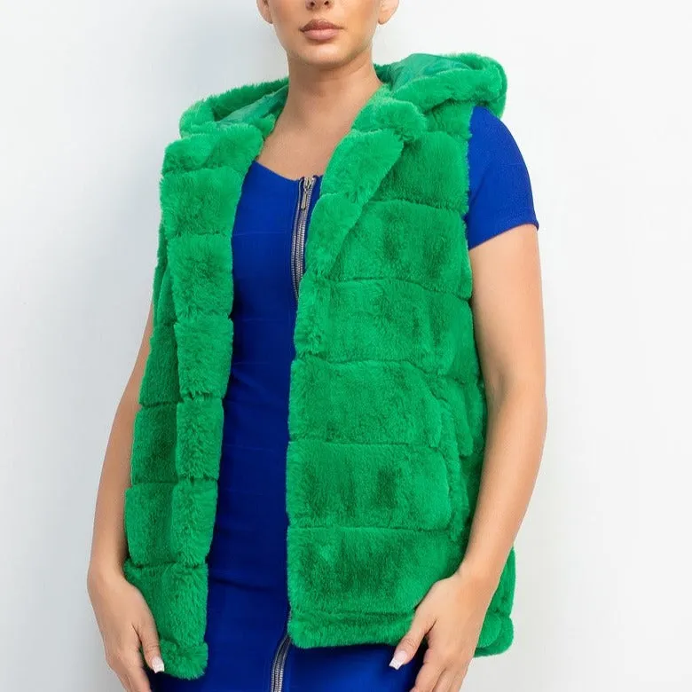 HOODED FAUX FUR VEST Green