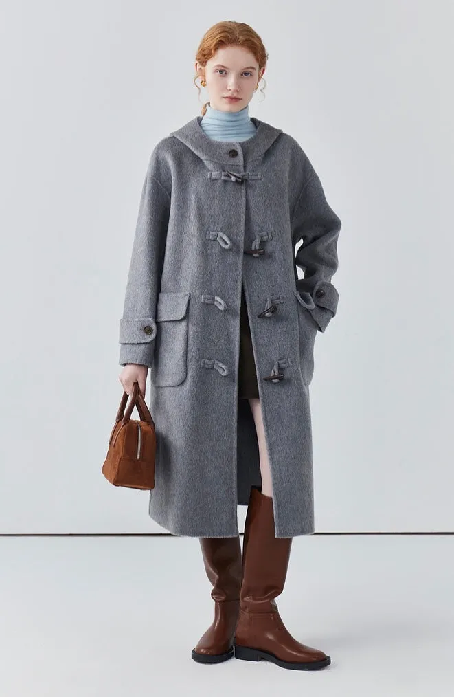 Hooded horn button long double-sided woolen coat women's sheep wool coat autumn/ winter